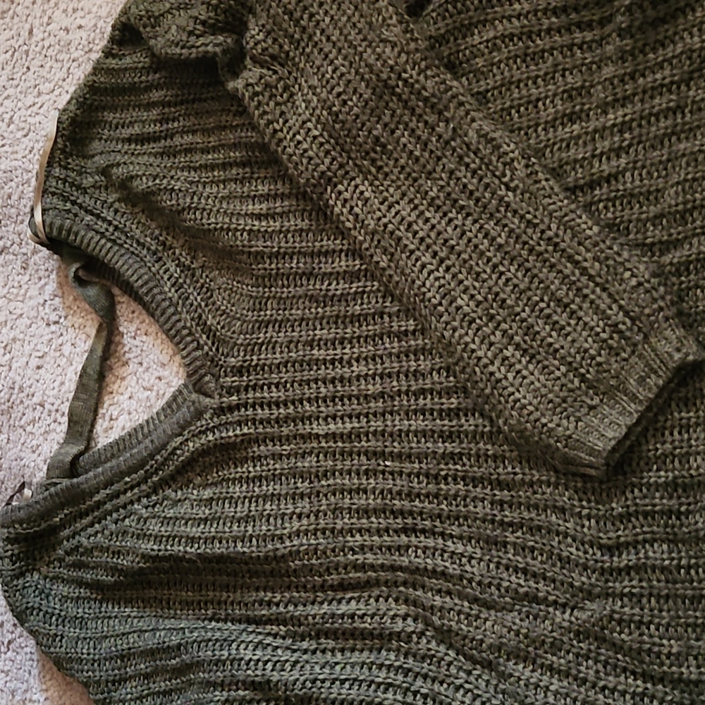 Long sleeve knit sweater.  Dark olive green